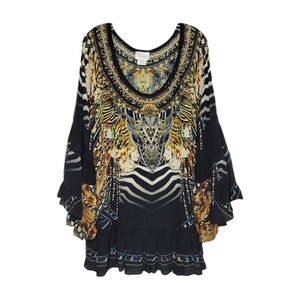 Camilla Bell Sleeve A-Line Frill Silk Print Dress